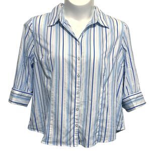 Studio 1940 Blouse Top Button-Up Women's Sz 22/24W Blue White Stripe 3/4 Sleeve